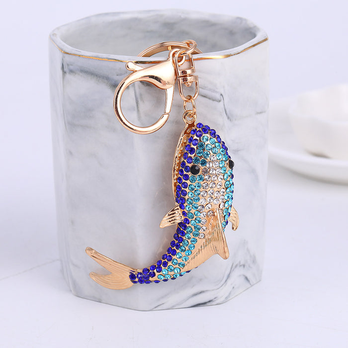 Blue Rhinestone Shark Fish Keychain Gold Clasp Metal Charm