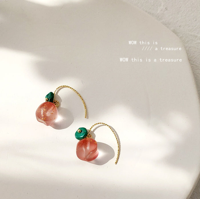 Pink Peach Resin Drop Earrings Green Leaf Gold Hook