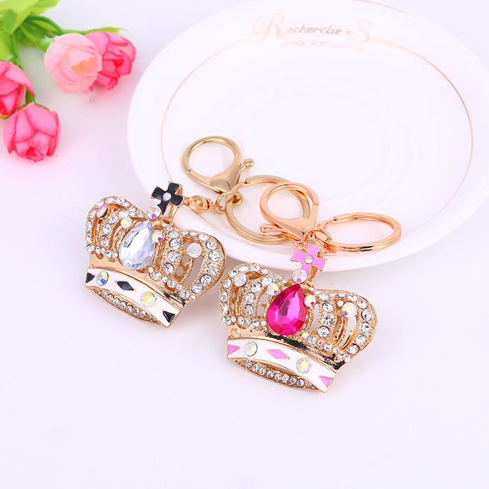 Rhinestone Crown Keychain Gold Clasp Pink Clear Crystal