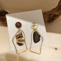Brown Enamel Geometric Drop Earrings with Sculpted Polished Metal Details view 6