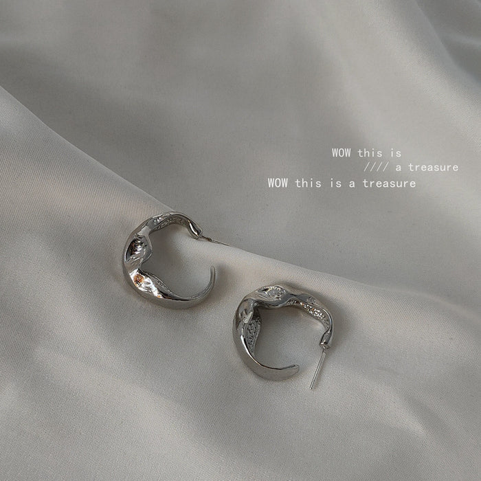 Silver Organic Twisted C Hoop Earrings Irregular Mini Hoops