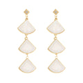 White Iridescent Triple Fan Gold Tone Long Earrings view 5