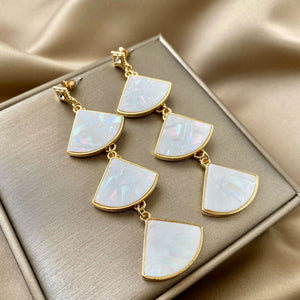 White Iridescent Triple Fan Gold-Tone Shell Drop Earrings Pair