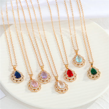 Gold Tone Teardrop Crystal Halo Pendant Necklaces in Seven Colors