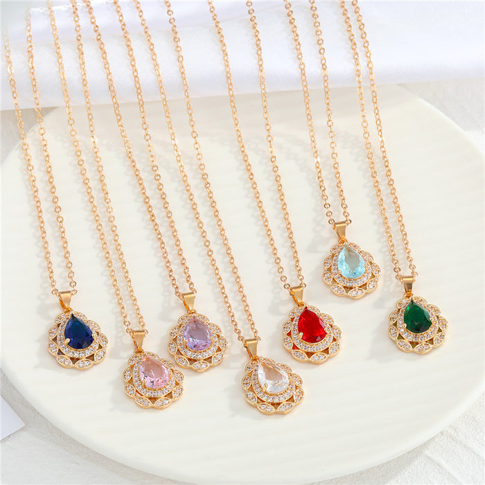 Gold Tone Teardrop Crystal Halo Pendant Necklaces in Seven Colors