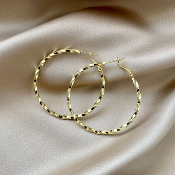 Slim Twisted Gold Tone Round Hoop Earrings with Fine Texture