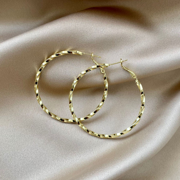 Textured Gold Tone Chunky Round Hoop Statement Earrings