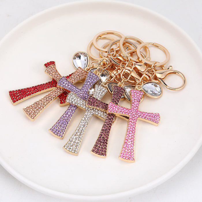 Rhinestone Cross Metal Keychain Gold Tone Clasp 6 Colors