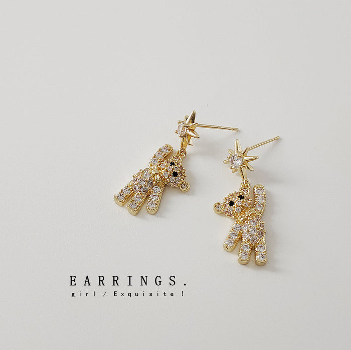 Gold Tone Pavé Crystal Teddy Bear Drop Earrings Star Posts