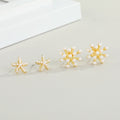 Gold Tone Faux Pearl Starfish Stud Earrings with Crystal Accents view 1