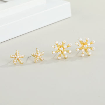 Gold Tone Faux Pearl Starfish Stud Earrings with Crystal Accents