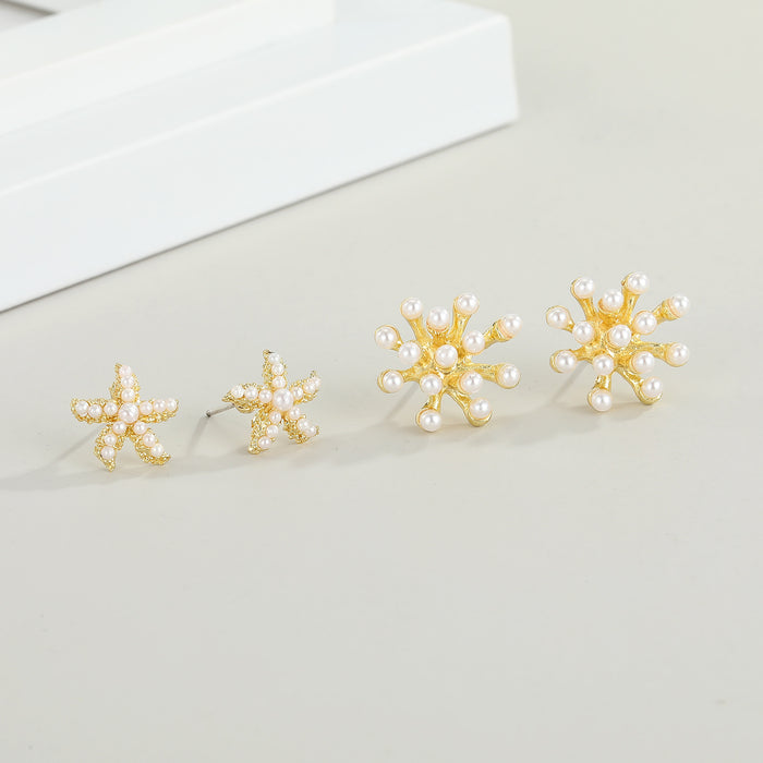 Gold Tone Faux Pearl Starfish Stud Earrings with Crystal Accents