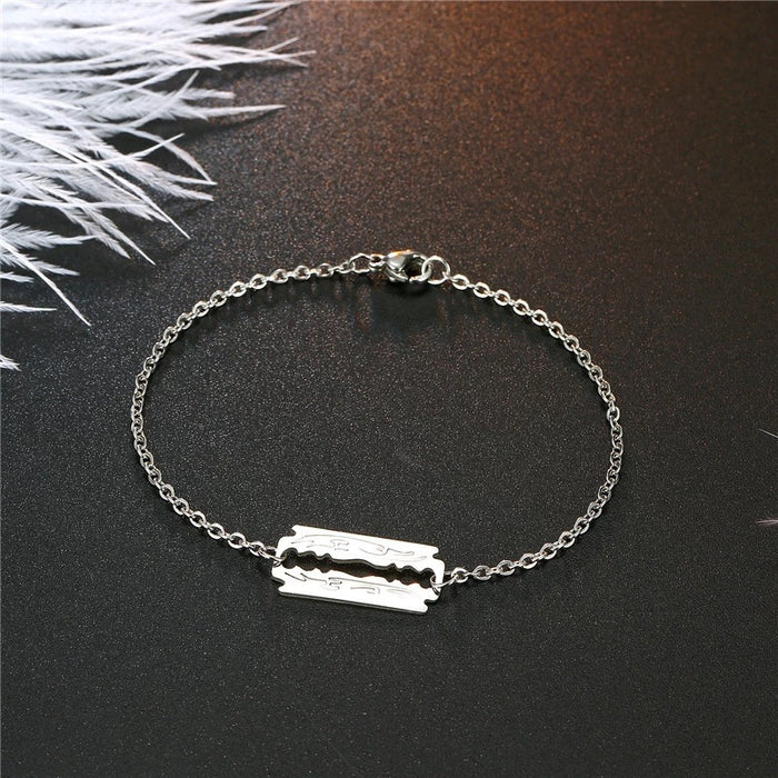 Silver Tone Razor Blade Chain Bracelet with Open Cutout Detail