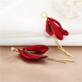 Deep Red Layered Flower Bud and Gold Bar Drop Earrings view 4