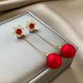 Snowflake Red Stud and Long Red Ball Chain Earrings view 2