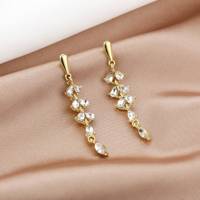 Wheat Leaf Crystal Look Gold Tone Extra Long Stud Earrings