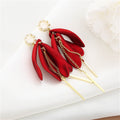 Deep Red Layered Flower Bud and Gold Bar Drop Earrings view 3
