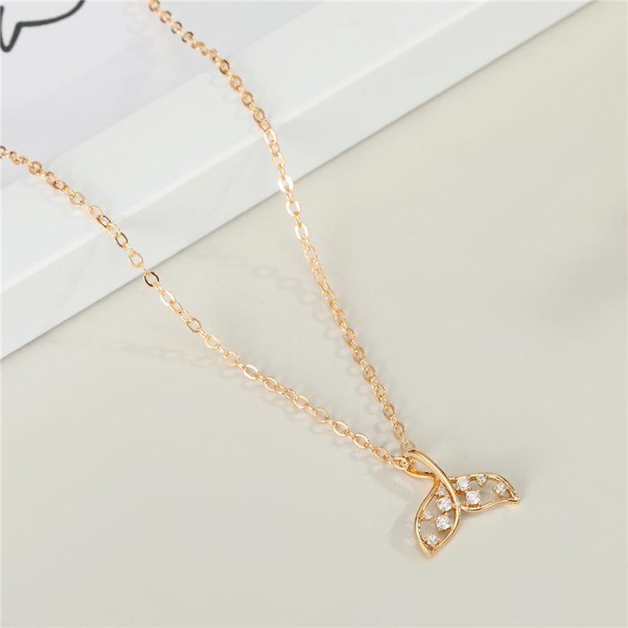 Gold Tone Crystal Whale Tail Pendant Necklace with Fine Chain