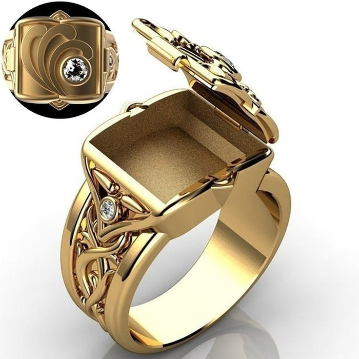 Gold Silver Flip Open Box Secret Compartment Band Ring