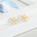 Gold Tone Faux Pearl Starfish Stud Earrings with Crystal Accents view 3