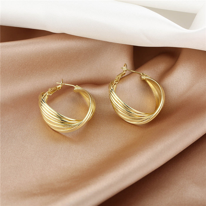 Gold Tone Twisted Multiline Statement Hoop Earrings