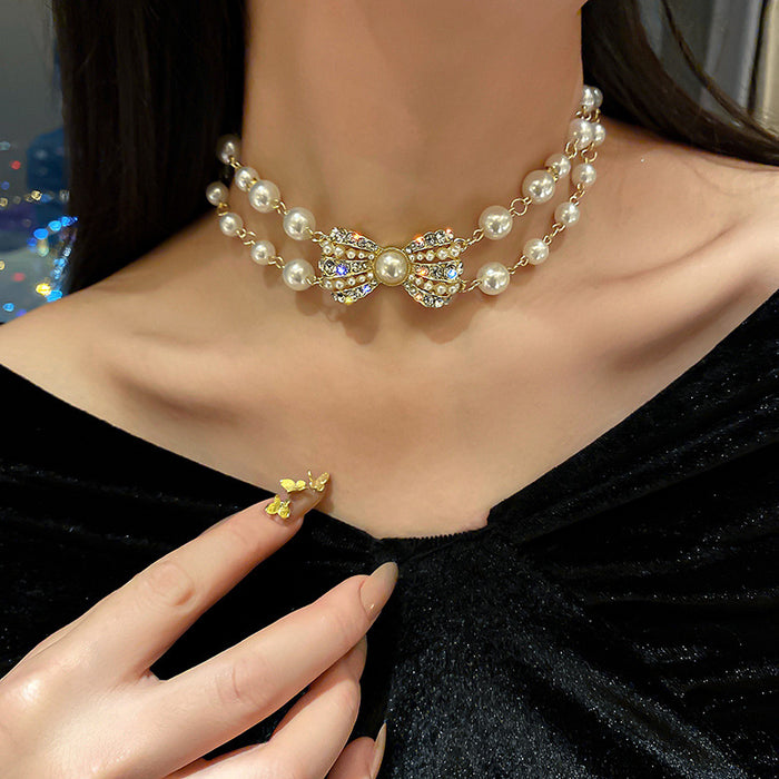 Double Layer Pearl Rhinestone Pave Bow Choker Necklace Gold