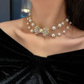 Double Layer Pearl Rhinestone Pave Bow Choker Necklace Gold view 3
