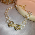 Double Layer Pearl Rhinestone Pave Bow Choker Necklace Gold view 6