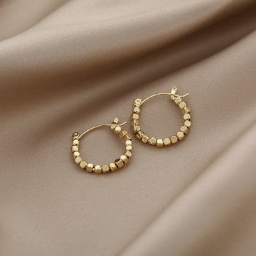 Gold Tone Faceted Cube Bead Hoop Earrings Latch Back
