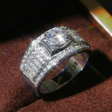 Wide Silver Tone Ring with Square White Stone and Pavé Face