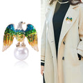 Twin Eagle Brooch in Blue Green or Red Gold With Pearl Drop view 2