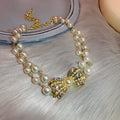 Double Layer Pearl Rhinestone Pave Bow Choker Necklace Gold view 4