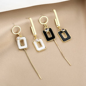Gold-Tone White Enamel Asymmetric Rectangle Long Drop Earrings