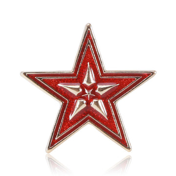 Red Enamel Five Point Star Brooch Silver Tone Border