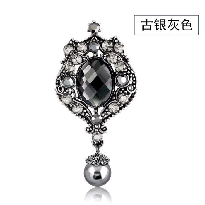 Black Silver Tone Flower Polished Crystal Two Designs Metal Brooch Pin