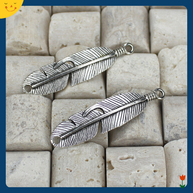 Antique Silver Double-Hole Feather Wing Charm Pendant 45x11mm