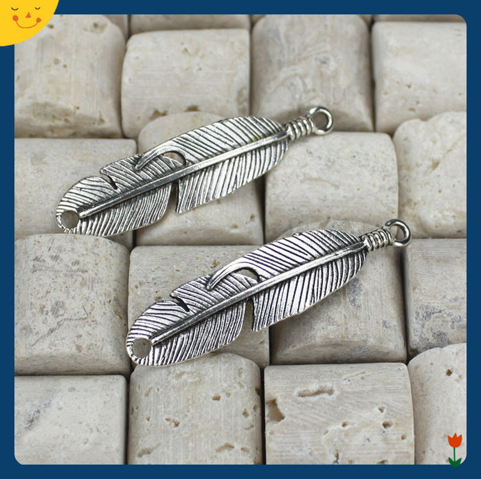 Antique Silver Double-Hole Feather Wing Charm Pendant 45x11mm