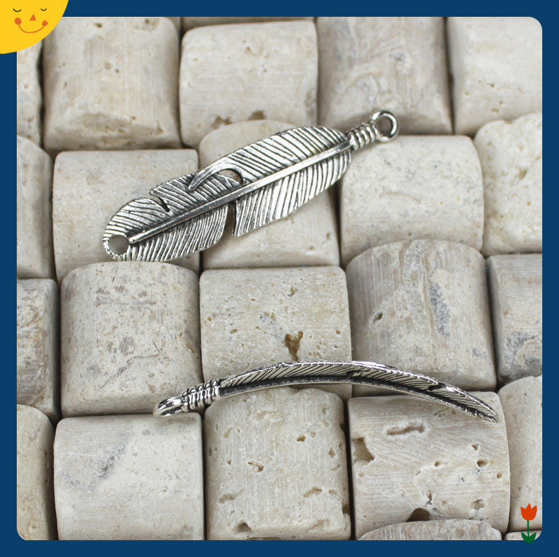 Antique Silver Double-Hole Feather Wing Charm Pendant 45x11mm