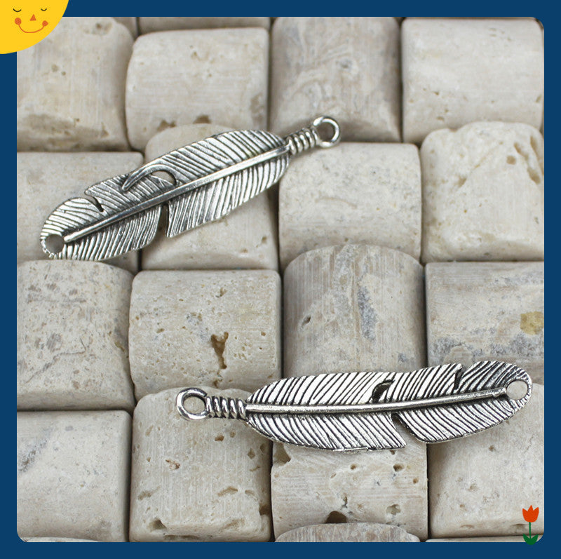 Antique Silver Double-Hole Feather Wing Charm Pendant 45x11mm