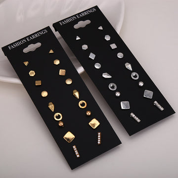 Nine-Pair Gold Tone Geometric Mixed Stud Earring Card