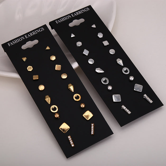 Nine-Pair Gold Tone Geometric Mixed Stud Earring Card