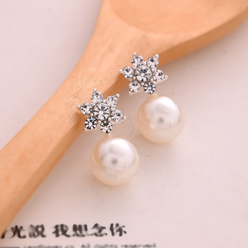 Clear Snowflake Cluster and Pearl Look Ball Earrings