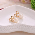 Gold Tone Bow Pearl Look Dangle Stud and Clip Earrings view 4