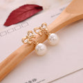 Gold Tone Bow Pearl Look Dangle Stud and Clip Earrings view 3