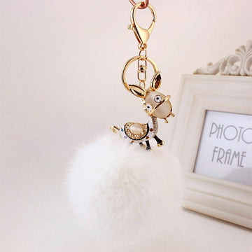 Fluffy Pom Pom Donkey Keychain With Split Ring And Lobster Clasp