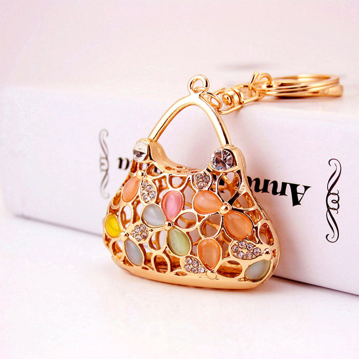 Handbag Shaped Rhinestone Keychain with Cat Eye Stone Purse Charm