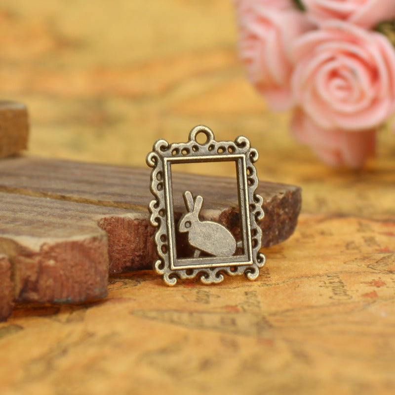 Vintage Rectangle Frame Rabbit Alloy Charm Pendant 24x18mm