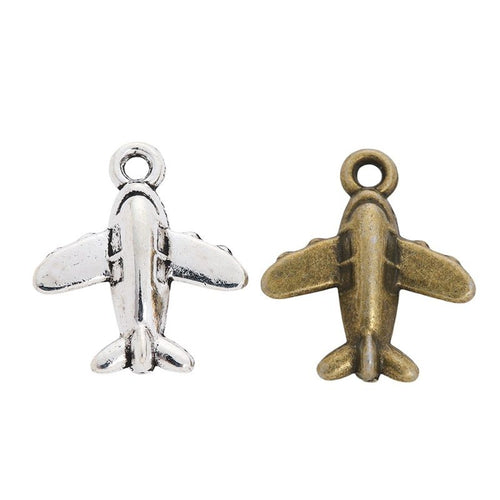 Product photo 2 of the three dimensional airplane charm highlighting its compact airplane with raised fuselage, wings, a