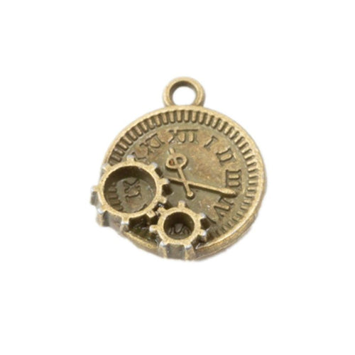 Front detail and finish comparison of the gear and clock face charm