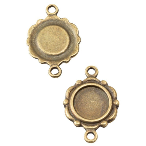 Front detail of small round recessed tray framed by a scalloped floral edge